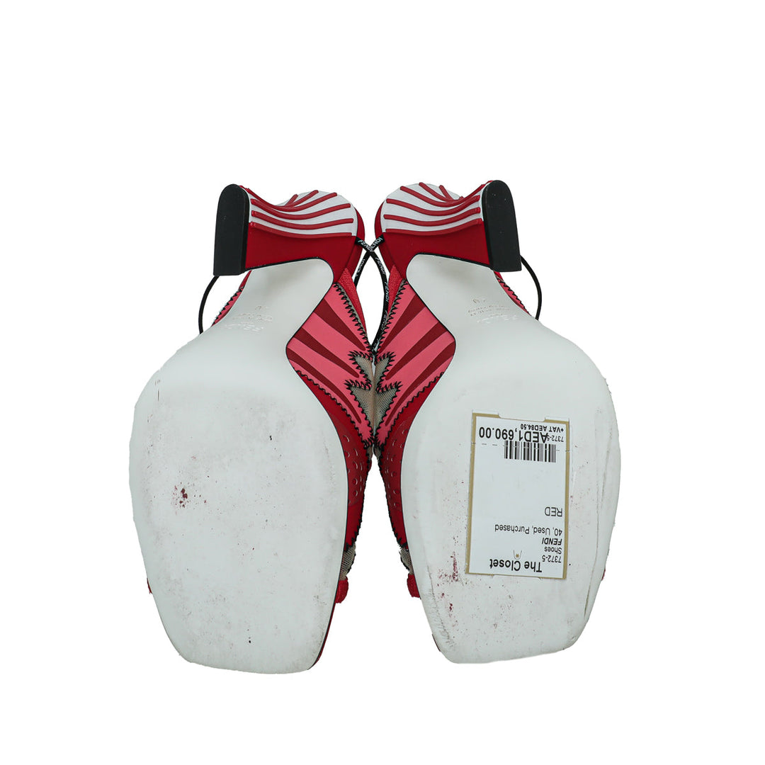 Fendi Red Multicolor Colibri Appliquéd Mesh And Neoprene Sandal 40