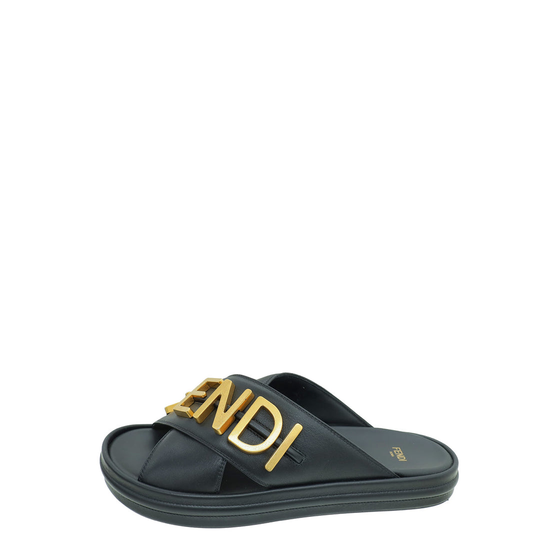 Fendi Black Vitello Fendigraphy Slide Sandals 40
