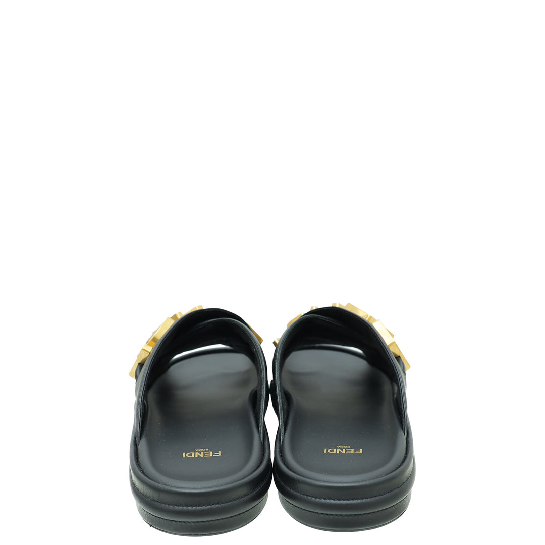 Fendi Black Vitello Fendigraphy Slide Sandals 40