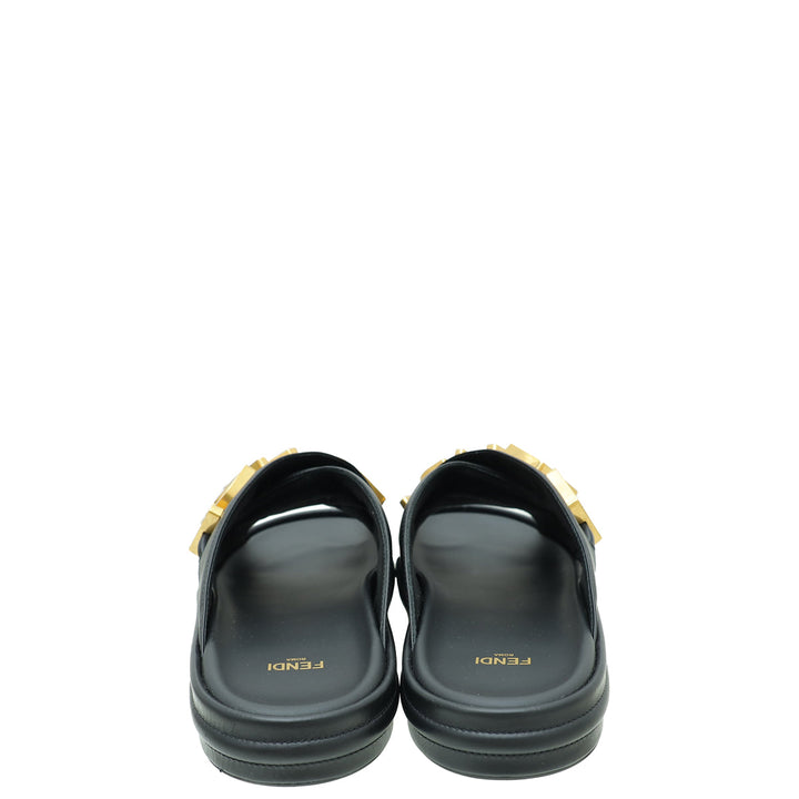 Fendi Black Vitello Fendigraphy Slide Sandals 40