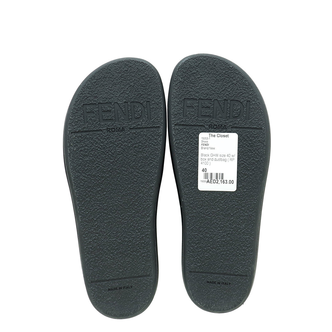 Fendi Black Vitello Fendigraphy Slide Sandals 40