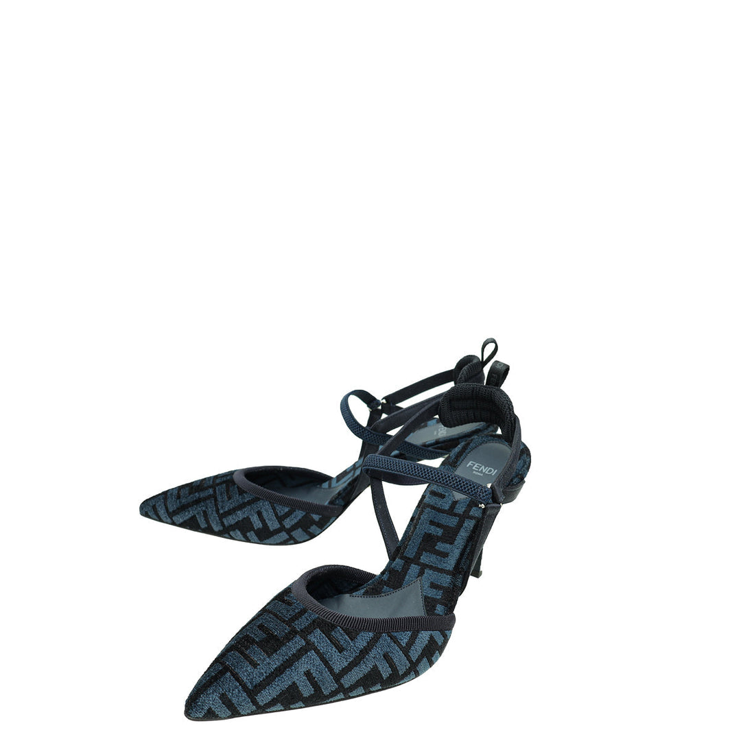 Fendi Dark Blue FF Velvet Colibri Lite Slingback Pumps 42