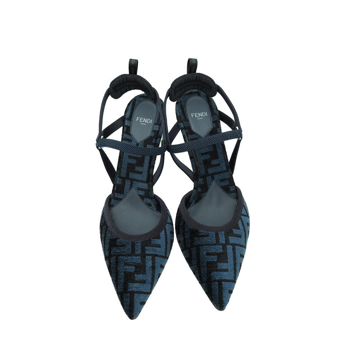 Fendi Dark Blue FF Velvet Colibri Lite Slingback Pumps 42