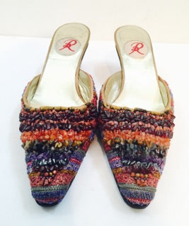RENAUD PELLEGRINO Pointed Toe Mule Heels with Crafted Beaded Detail Size 6