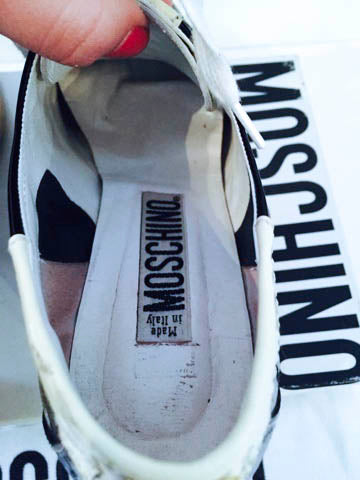 MOSCHINO Black Patent Leather Lace Up Striped Sporty Heels Size 7