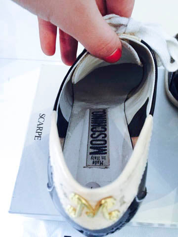 MOSCHINO Black Patent Leather Lace Up Striped Sporty Heels Size 7
