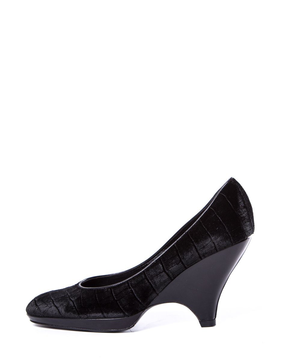 Giorgio Armani Black Velvet Embossed Wedge SZ 38.5 sale