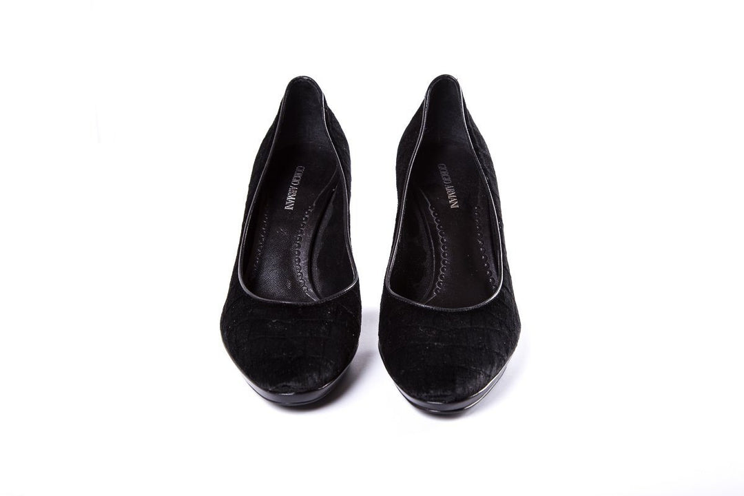 Giorgio Armani Black Velvet Embossed Wedge SZ 38.5 sale
