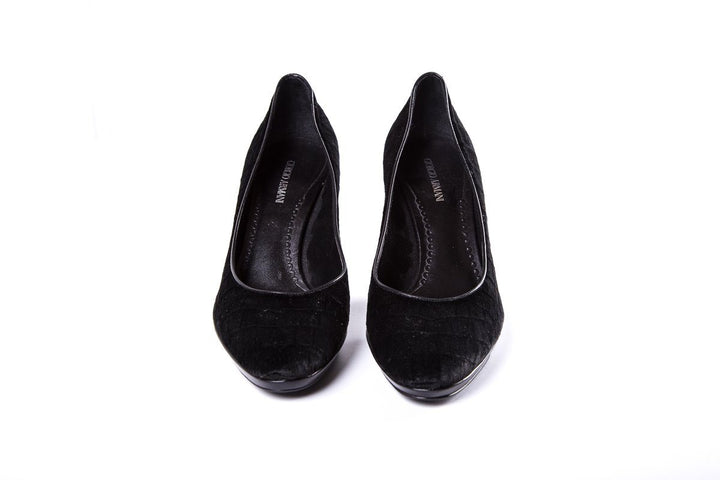 Giorgio Armani Black Velvet Embossed Wedge SZ 38.5 sale