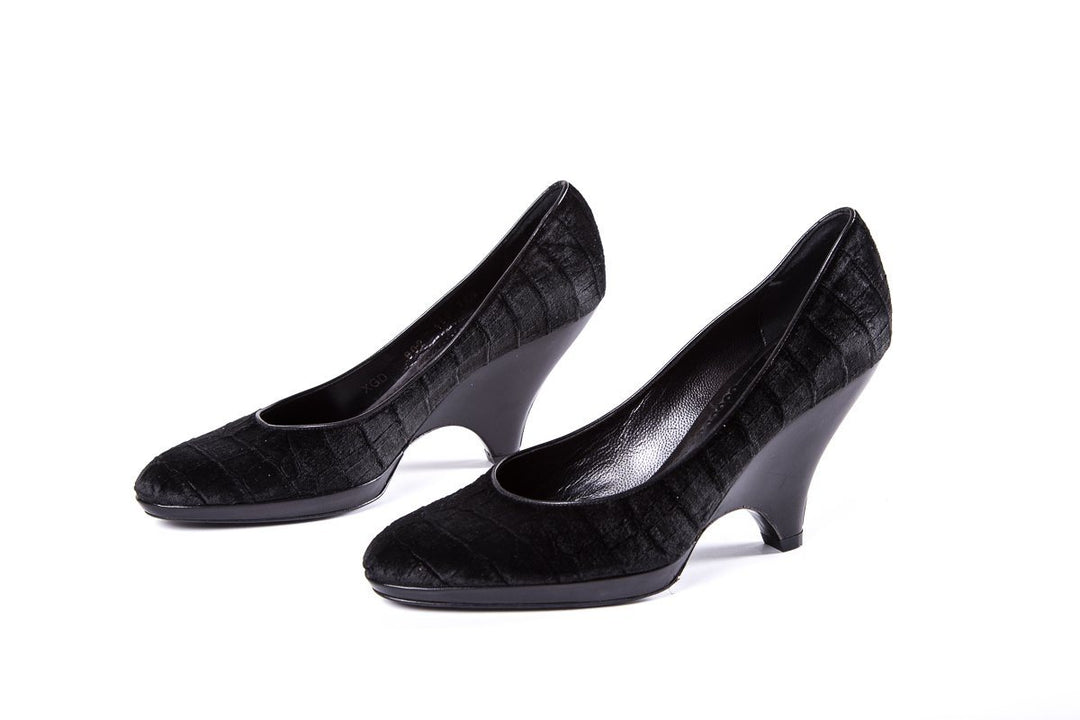 Giorgio Armani Black Velvet Embossed Wedge SZ 38.5 sale
