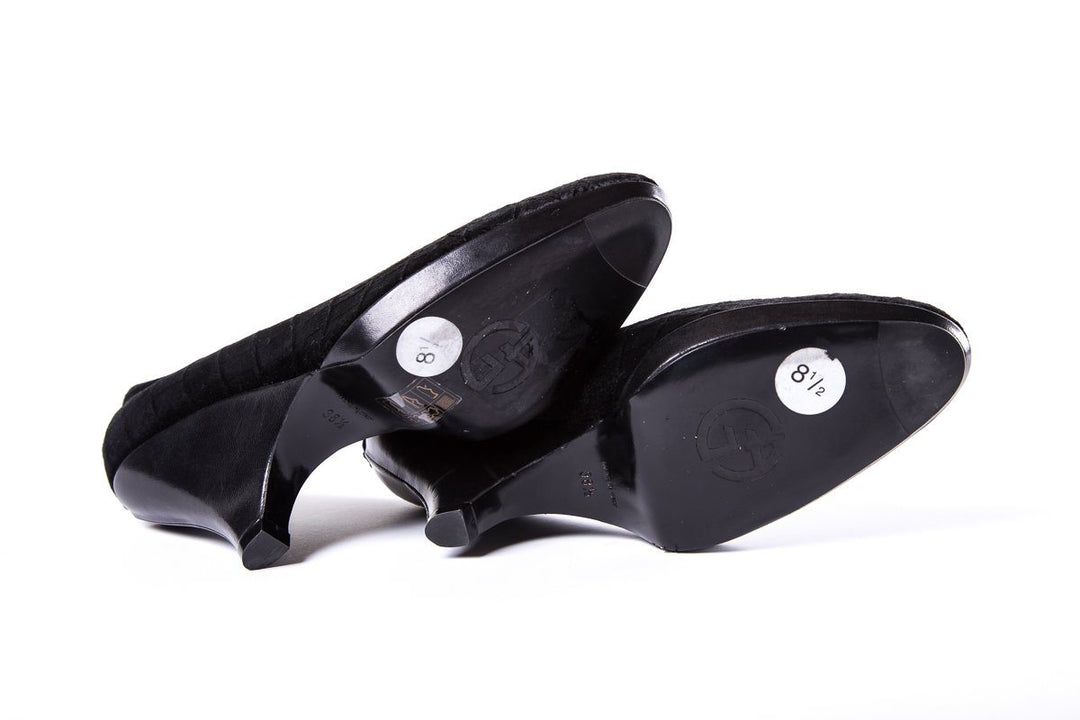 Giorgio Armani Black Velvet Embossed Wedge SZ 38.5 sale