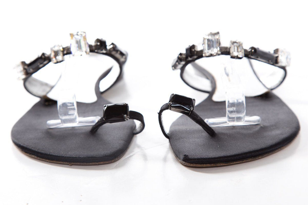 Giuseppe Zanotti Black Satin Flat Rhinestone Sandals SZ 40