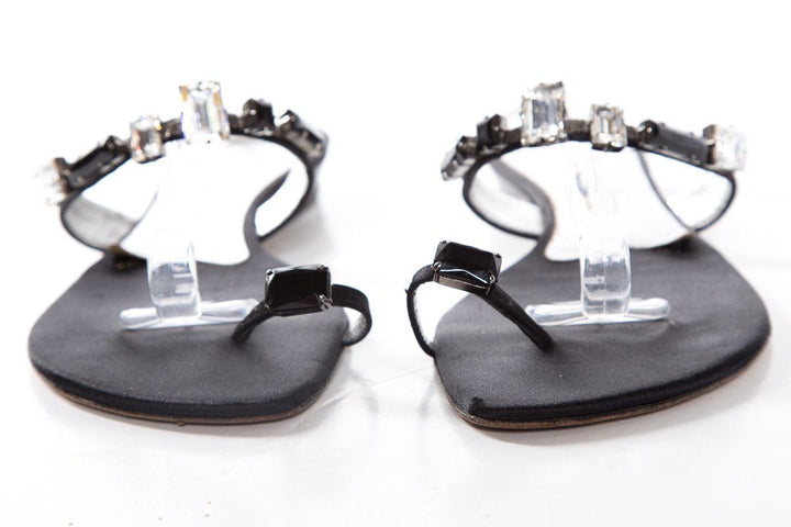 Giuseppe Zanotti Black Satin Flat Rhinestone Sandals SZ 40