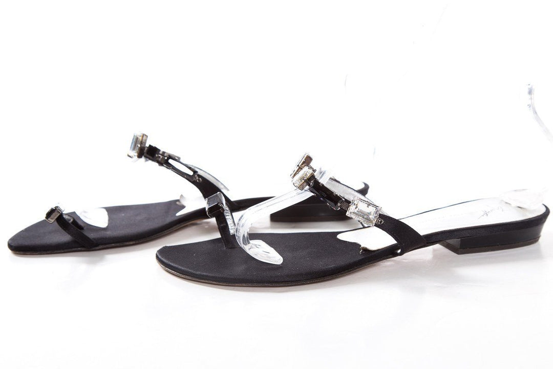 Giuseppe Zanotti Black Satin Flat Rhinestone Sandals SZ 40