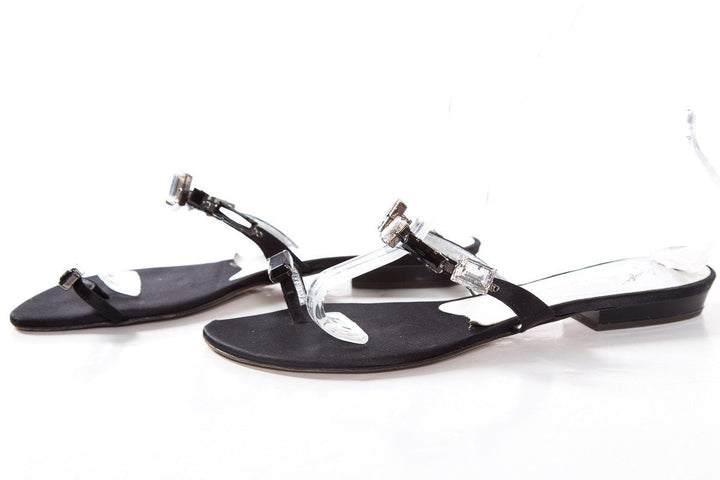 Giuseppe Zanotti Black Satin Flat Rhinestone Sandals SZ 40