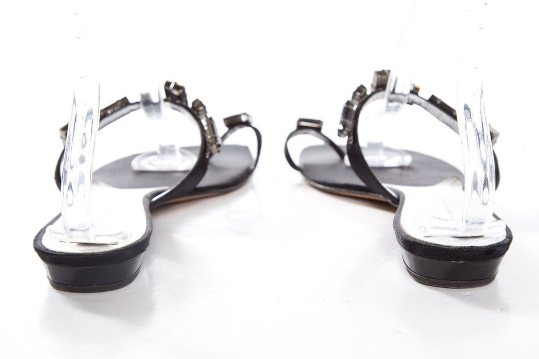Giuseppe Zanotti Black Satin Flat Rhinestone Sandals SZ 40