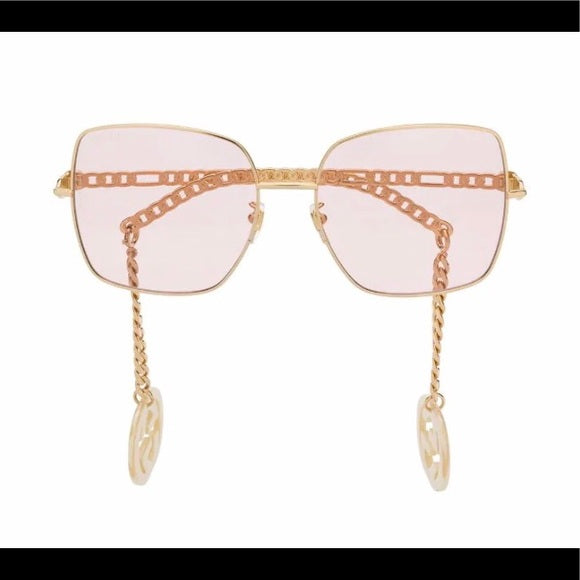 Gucci Charm Chain Sunglasses Square Pink Lens Gold