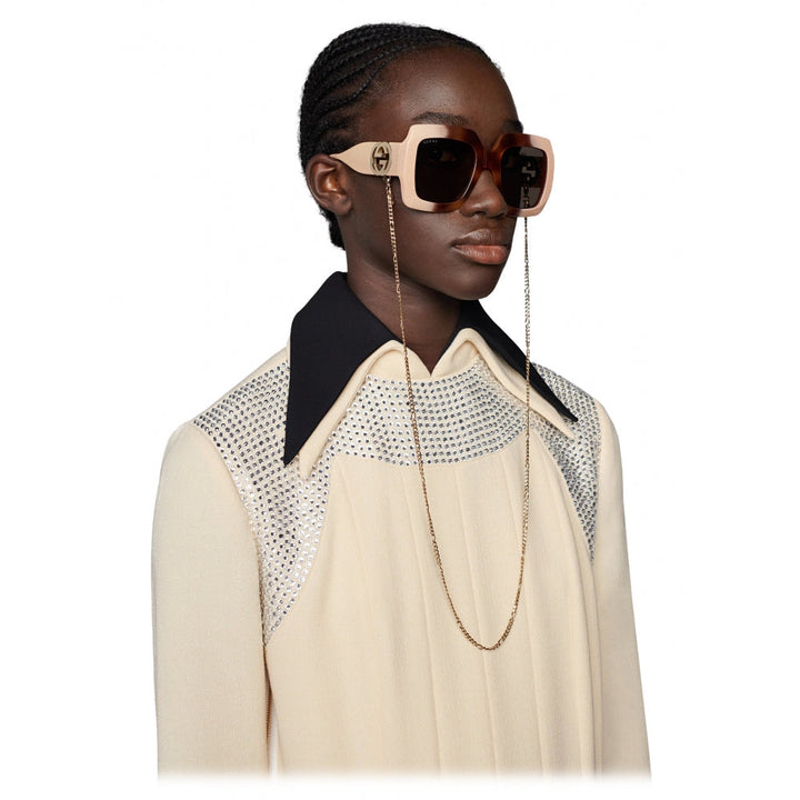 GUCCI CHAIN-TRIMMED SQUARE OVERSIZED SUNGLASSES
