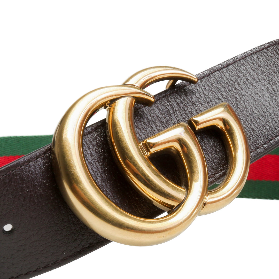 GUCCI Jacquard Leather Trim Web Accent Marmont Belt