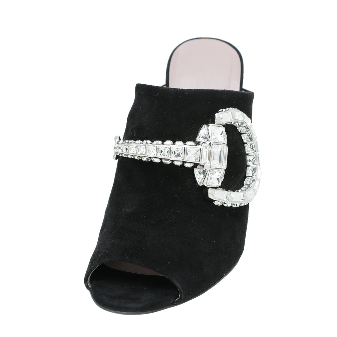 Gucci Black Suede Maxime Crystal Covered Horsebit Sandals 40.5
