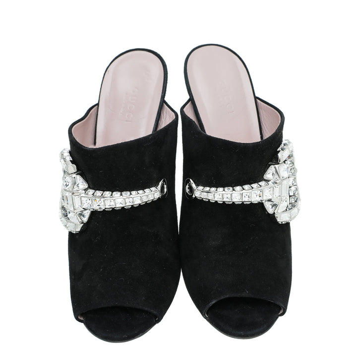 Gucci Black Suede Maxime Crystal Covered Horsebit Sandals 40.5