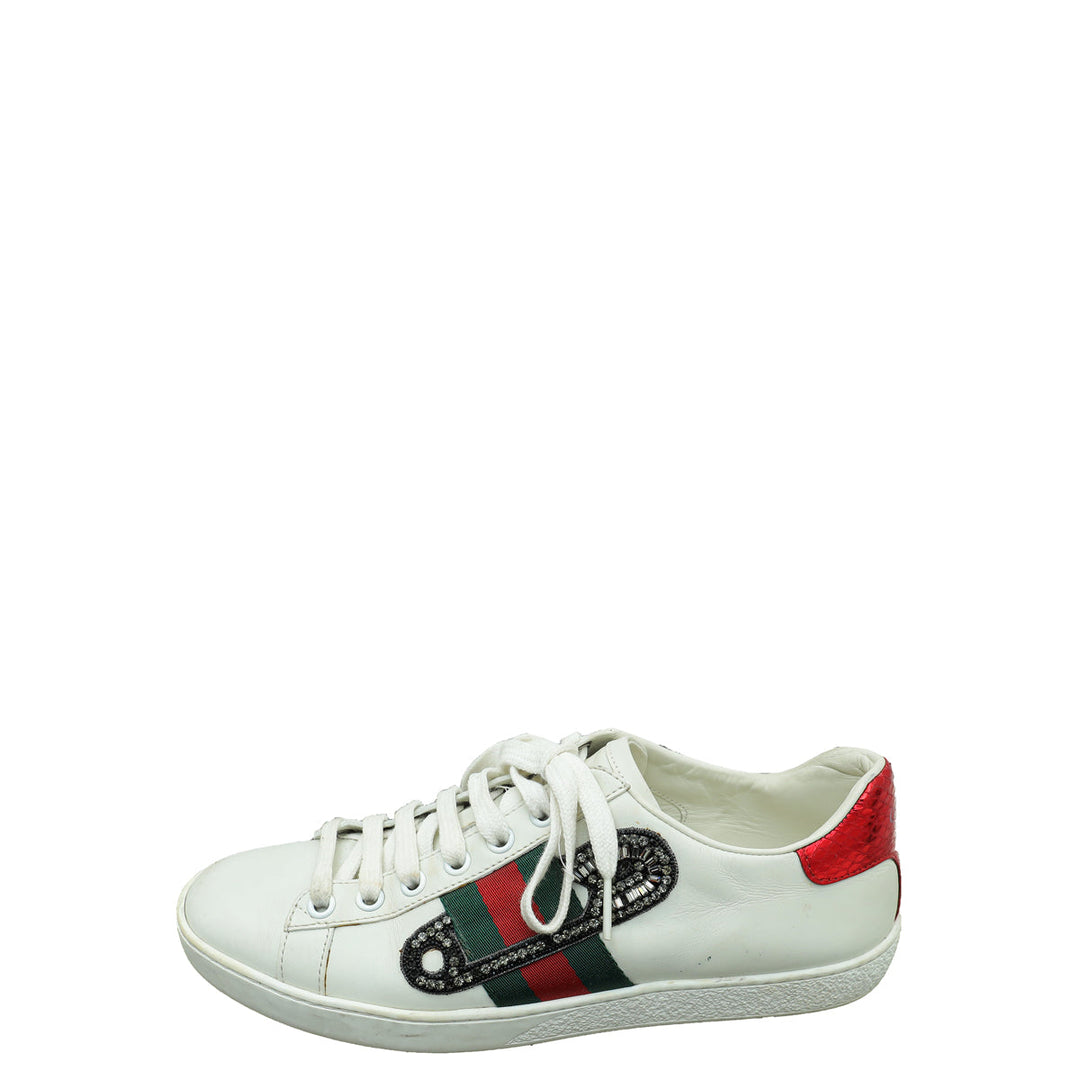Gucci White Ace Pin Crystal Embroidered Sneaker 36