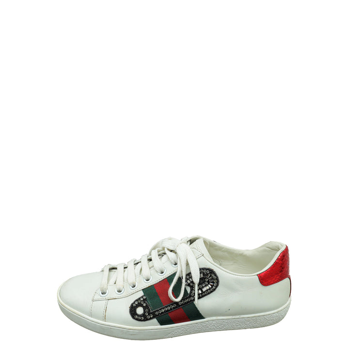 Gucci White Ace Pin Crystal Embroidered Sneaker 36