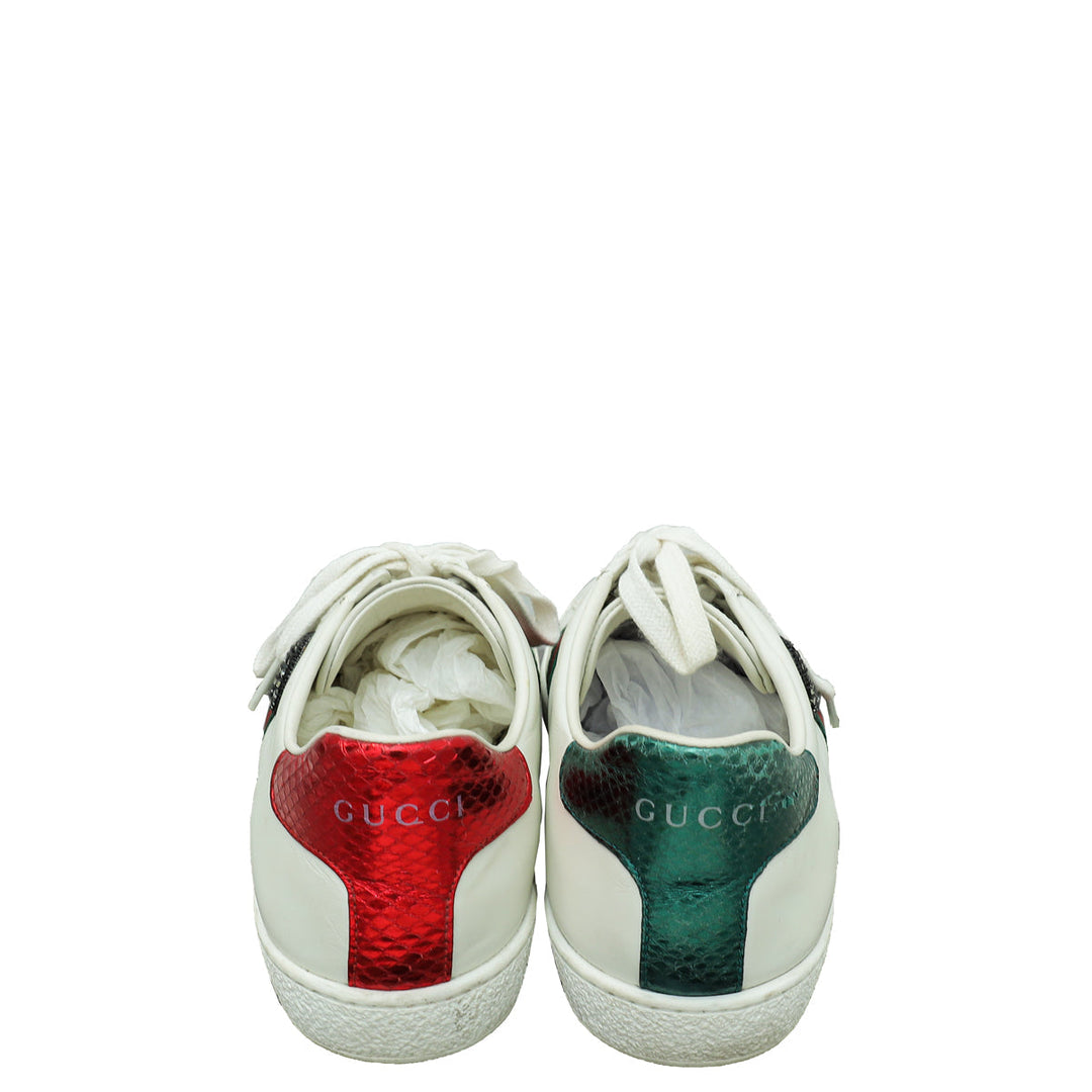 Gucci White Ace Pin Crystal Embroidered Sneaker 36