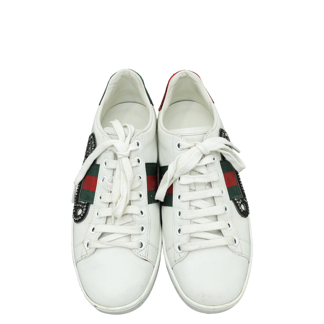 Gucci White Ace Pin Crystal Embroidered Sneaker 36
