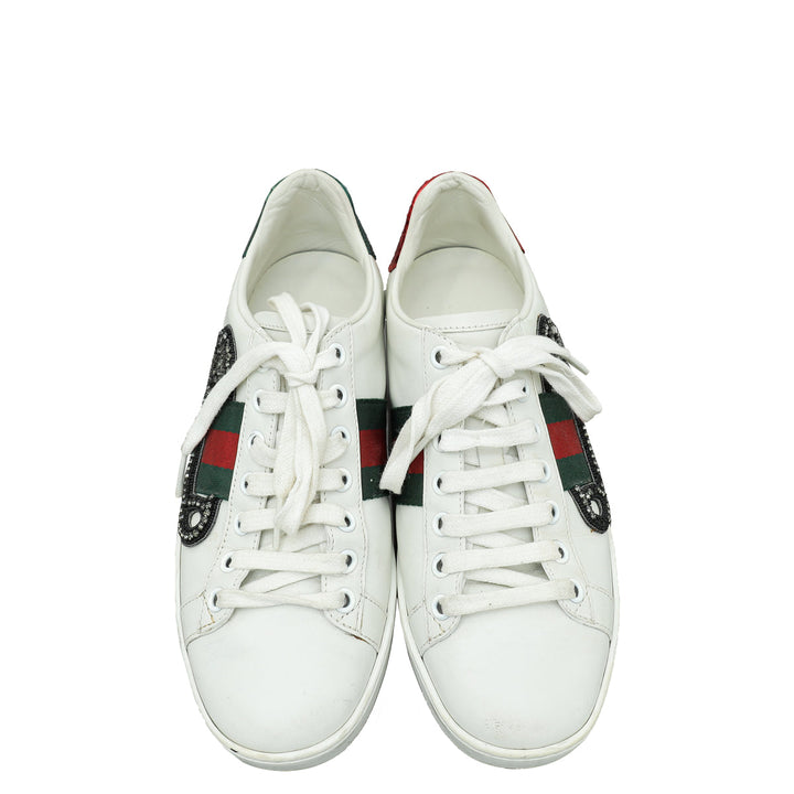 Gucci White Ace Pin Crystal Embroidered Sneaker 36