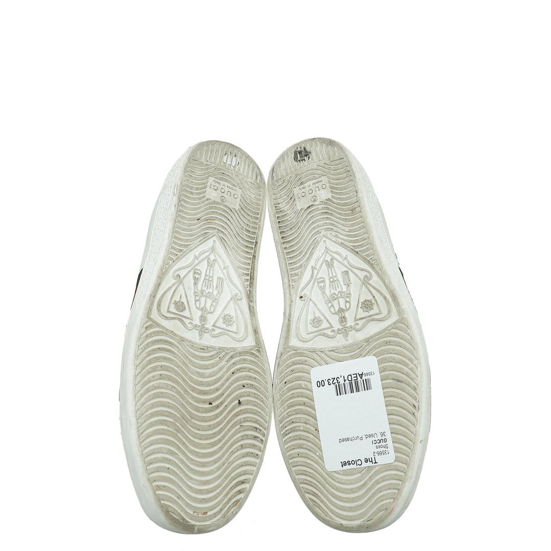 Gucci White Ace Pin Crystal Embroidered Sneaker 36