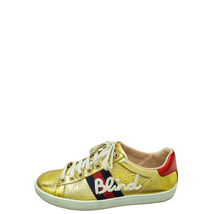 Gucci Gold Ace Embroidered Blind For Love Sneaker 36