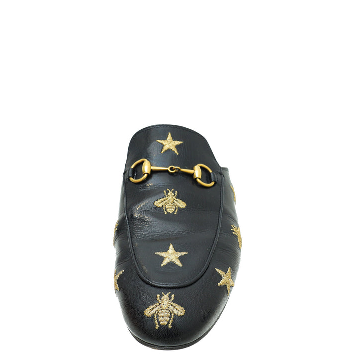 Gucci Black Bee Star Embroidered Princetown Mules 38