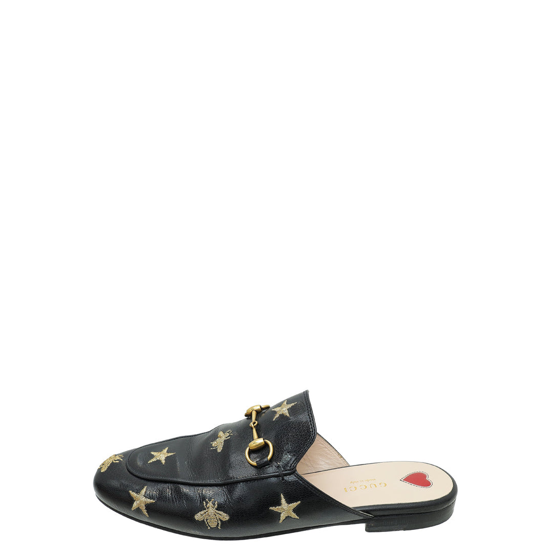 Gucci Black Bee Star Embroidered Princetown Mules 38