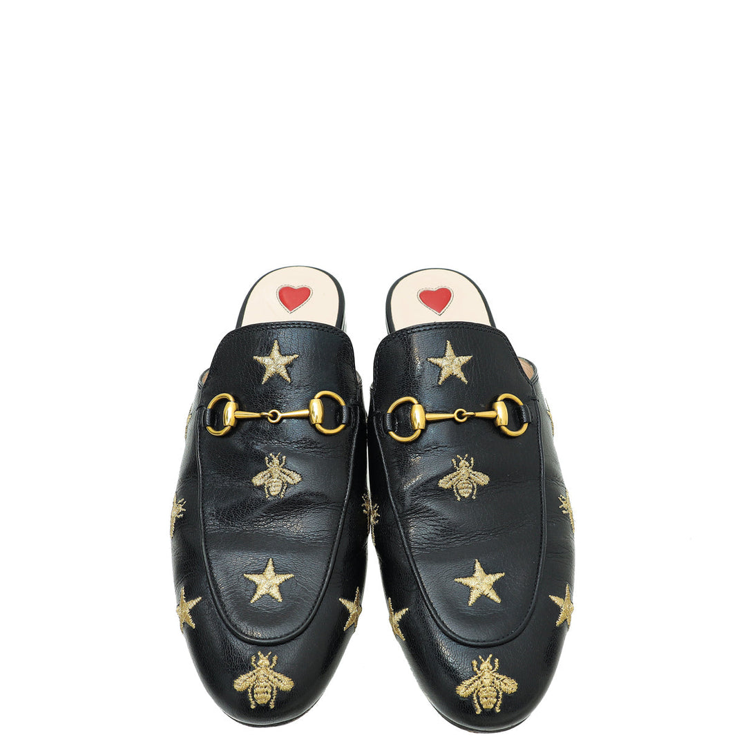 Gucci Black Bee Star Embroidered Princetown Mules 38