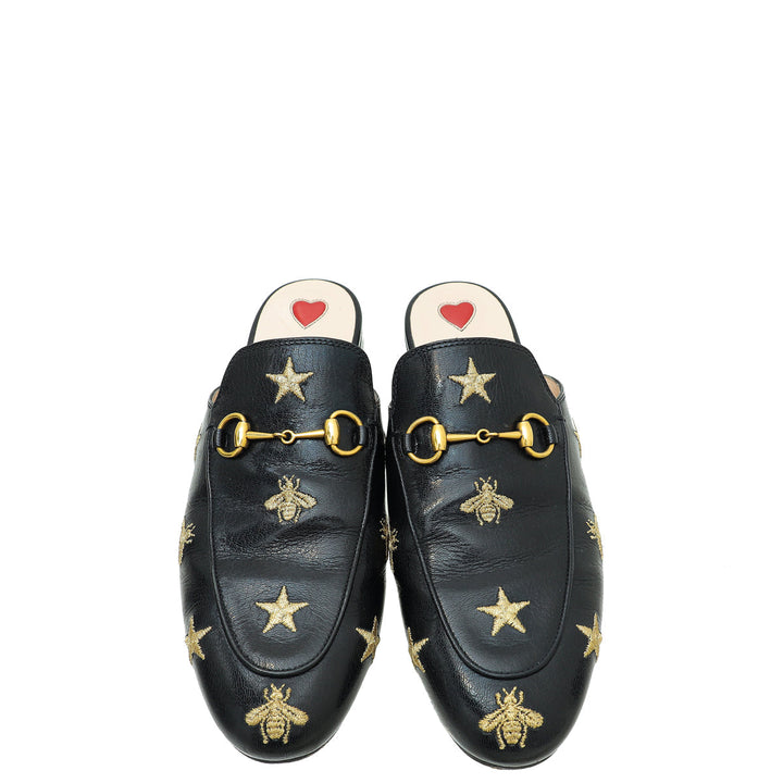 Gucci Black Bee Star Embroidered Princetown Mules 38