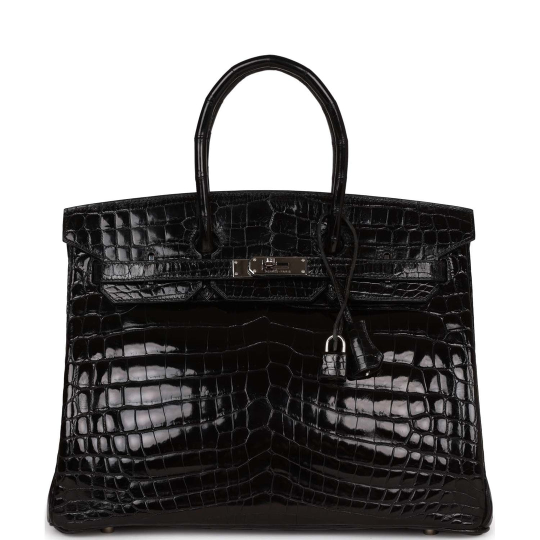 Top quality Hermes Birkin 35 Black Shiny Porosus Crocodile Palladium Hardware