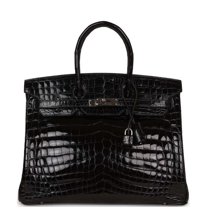 Top quality Hermes Birkin 35 Black Shiny Porosus Crocodile Palladium Hardware