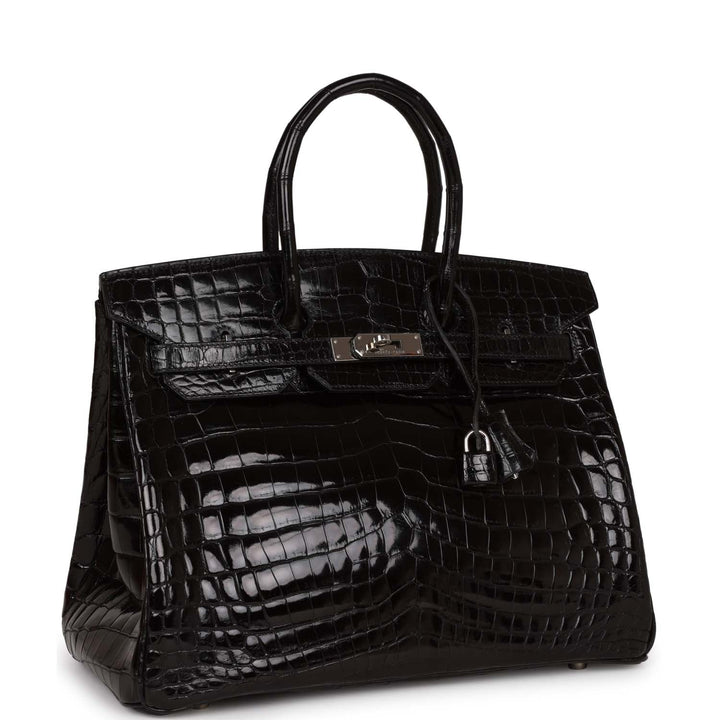 Top quality Hermes Birkin 35 Black Shiny Porosus Crocodile Palladium Hardware