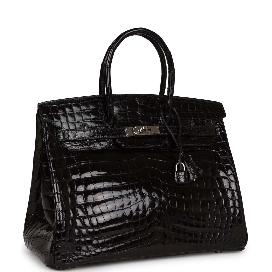Top quality Hermes Birkin 35 Black Shiny Porosus Crocodile Palladium Hardware
