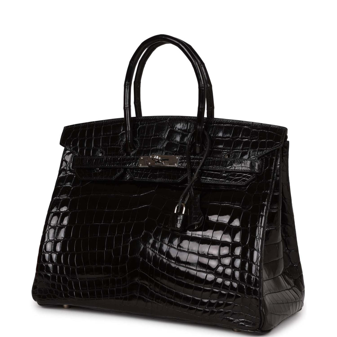 Top quality Hermes Birkin 35 Black Shiny Porosus Crocodile Palladium Hardware