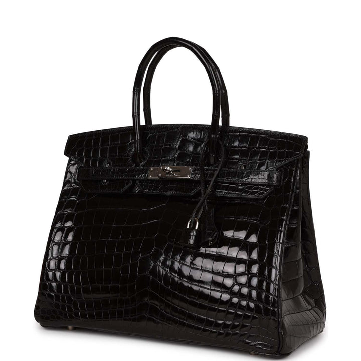 Top quality Hermes Birkin 35 Black Shiny Porosus Crocodile Palladium Hardware