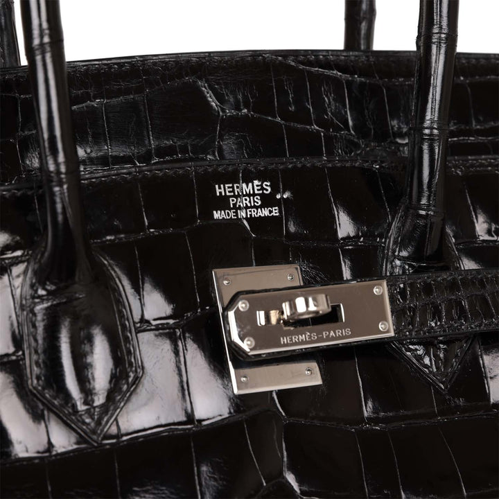 Top quality Hermes Birkin 35 Black Shiny Porosus Crocodile Palladium Hardware