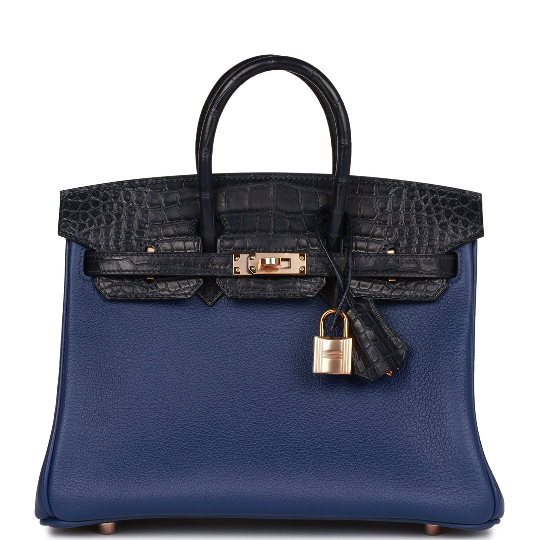 top quality Hermes Birkin 25 Bleu Saphir and Marine Matte Alligator and Togo Touch Rose Gold Hardware