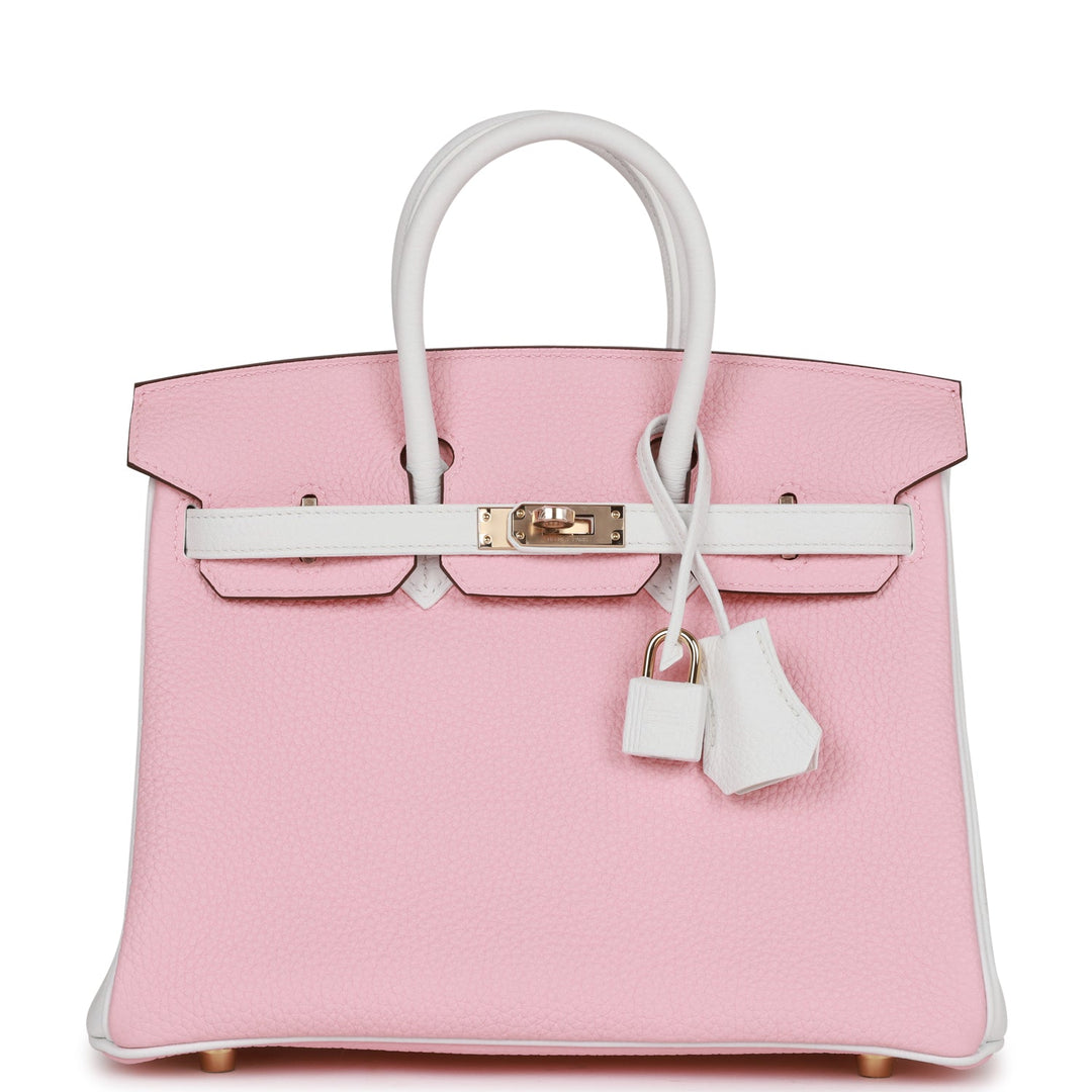 top quality Hermes Special Order (HSS) Birkin 25 Rose Sakura and White Clemence Permabrass Hardware