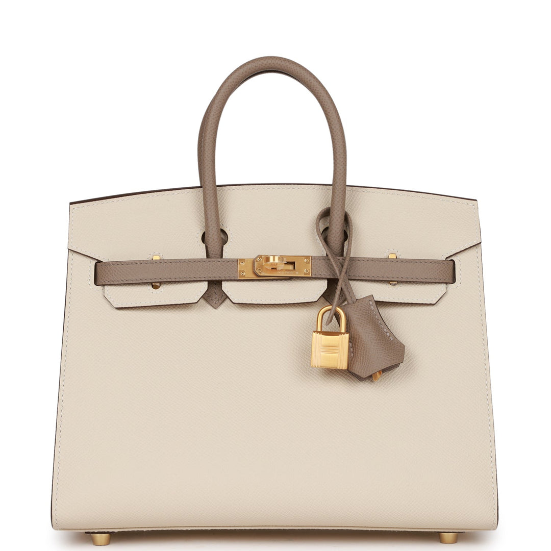 top quality Hermes Special Order (HSS) Birkin Sellier 25 Craie and Gris Asphalte Epsom Brushed Gold Hardware