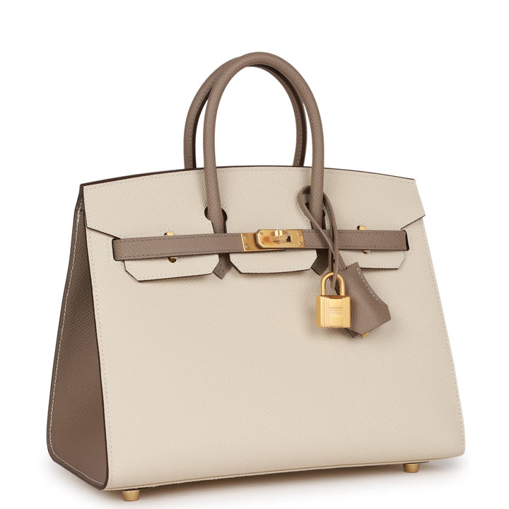top quality Hermes Special Order (HSS) Birkin Sellier 25 Craie and Gris Asphalte Epsom Brushed Gold Hardware