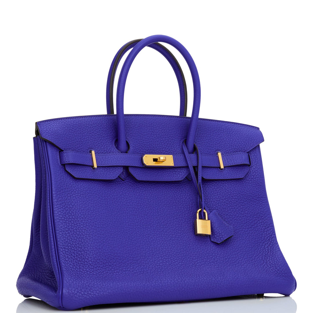 Top quality Hermes Special Order (HSS) Birkin 35 Bleu Electric Verso Clemence Gold Hardware