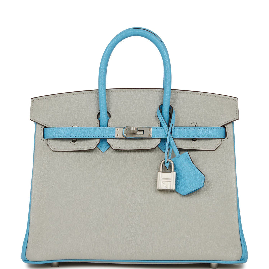top quality Hermes Special Order (HSS) Birkin 25 Gris Perle and Bleu du Nord Chèvre Brushed Palladium Hardware