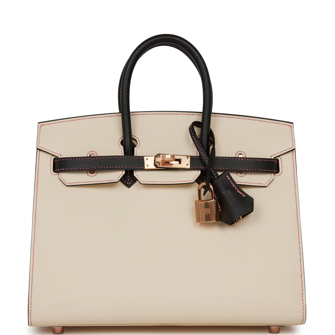 Hermes Birkin 25 Sellier Nata and Black Epsom Rose Gold Hardware